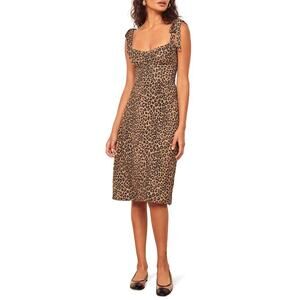 Reformation Jeans Leopard Print Wells Tie Shoulder Stretch Midi Dress XL